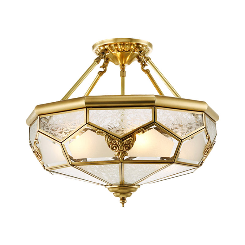 Opaline Glass Brass Semi Flush Mount Ceiling Lamp, 3/4 Lights, Faceted Dome, Country Print, 14"/18" Width