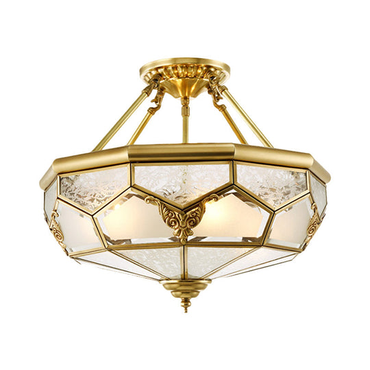 Opaline Glass Brass Semi Flush Mount Ceiling Lamp 3/4 Lights Faceted Dome Country Print 14/18 Width