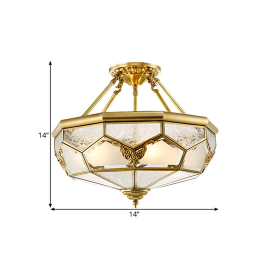 Opaline Glass Brass Semi Flush Mount Ceiling Lamp, 3/4 Lights, Faceted Dome, Country Print, 14"/18" Width