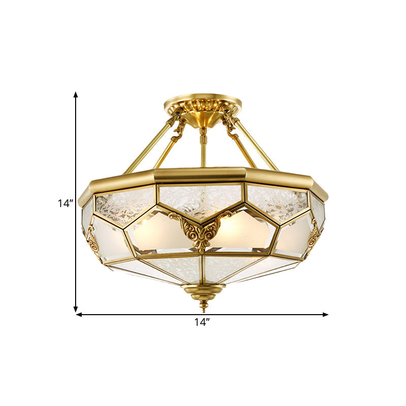 Opaline Glass Brass Semi Flush Mount Ceiling Lamp 3/4 Lights Faceted Dome Country Print 14/18 Width