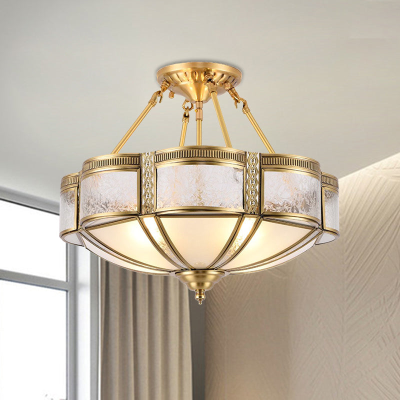 Blossom Ceiling Light Fixture - Traditional Style, 14"/18" Wide, 3/4 Bulbs, Frosted Glass Pattern, Semi Flush Mount in Brass