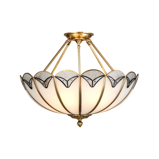 Vintage Brass Semi-Flush Mount Umbrella-Like Light With Milky Glass - 4 Heads