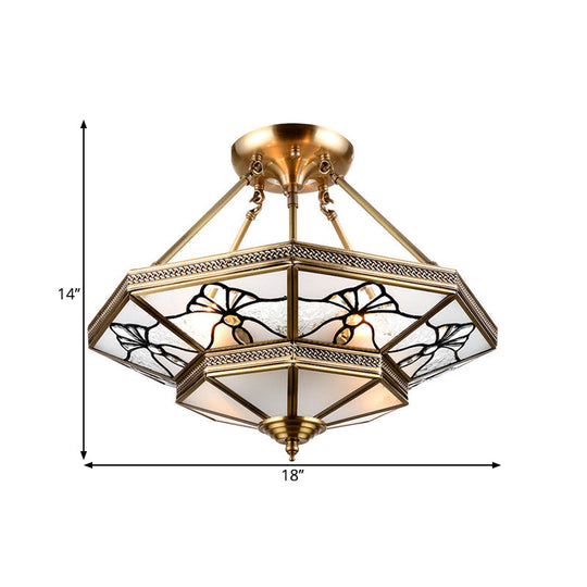 Dragonfly Pattern 4-Light Brass Semi Flush Mount Lamp With Countryside Cream Glass Tapered Drawing