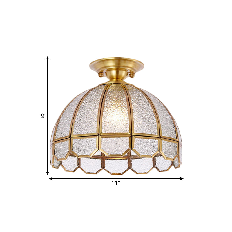 Antiqued Brass Scalloped Dome Semi Flush Ceiling Light With Ripple Glass