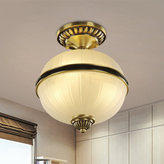 Brass Ellipsoid Semi-Flush Farmhouse Ceiling Light with Ribbed Opal Glass - Available in 4/6 Heads and 10"/12" Widths