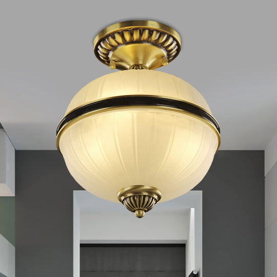 Brass Ellipsoid Semi-Flush Farmhouse Ceiling Light with Ribbed Opal Glass - Available in 4/6 Heads and 10"/12" Widths