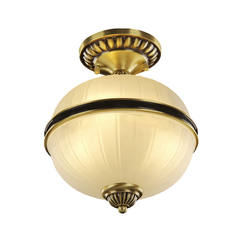 Brass Ellipsoid Semi-Flush Farmhouse Ceiling Light with Ribbed Opal Glass - Available in 4/6 Heads and 10"/12" Widths