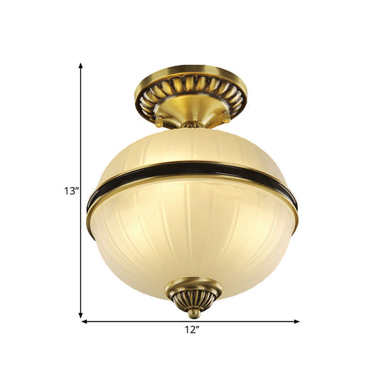 Brass Ellipsoid Semi-Flush Farmhouse Ceiling Light with Ribbed Opal Glass - Available in 4/6 Heads and 10"/12" Widths