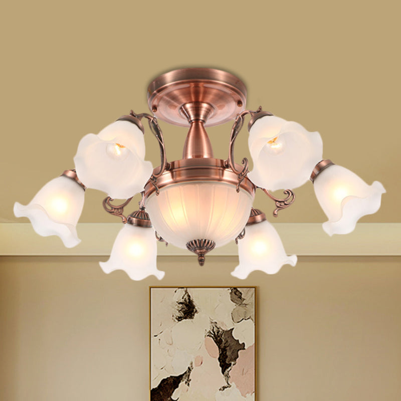 Rustic 8-Bulb Semi Mount Ceiling Lamp with Scroll Arm - Bronze/Brass/Copper Finish and Milky Glass