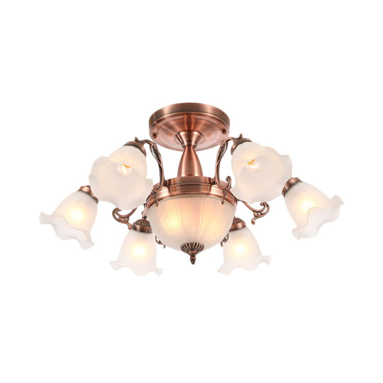 Rustic 8-Bulb Semi Mount Ceiling Lamp with Scroll Arm - Bronze/Brass/Copper Finish and Milky Glass