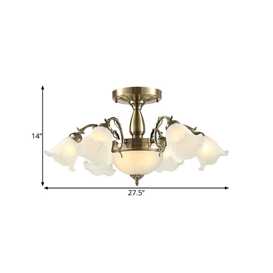 Rustic 8-Bulb Semi Mount Ceiling Lamp with Scroll Arm - Bronze/Brass/Copper Finish and Milky Glass