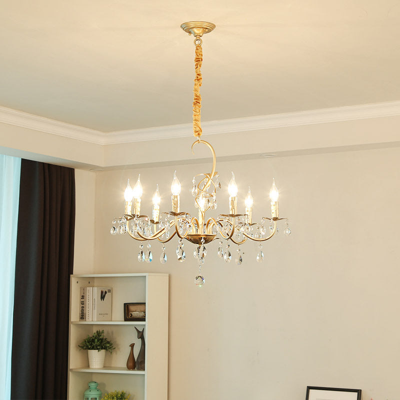 Modern Gold Finish 5/8-Light Metallic Chandelier Lamp with Crystal Deco and Curved Arm