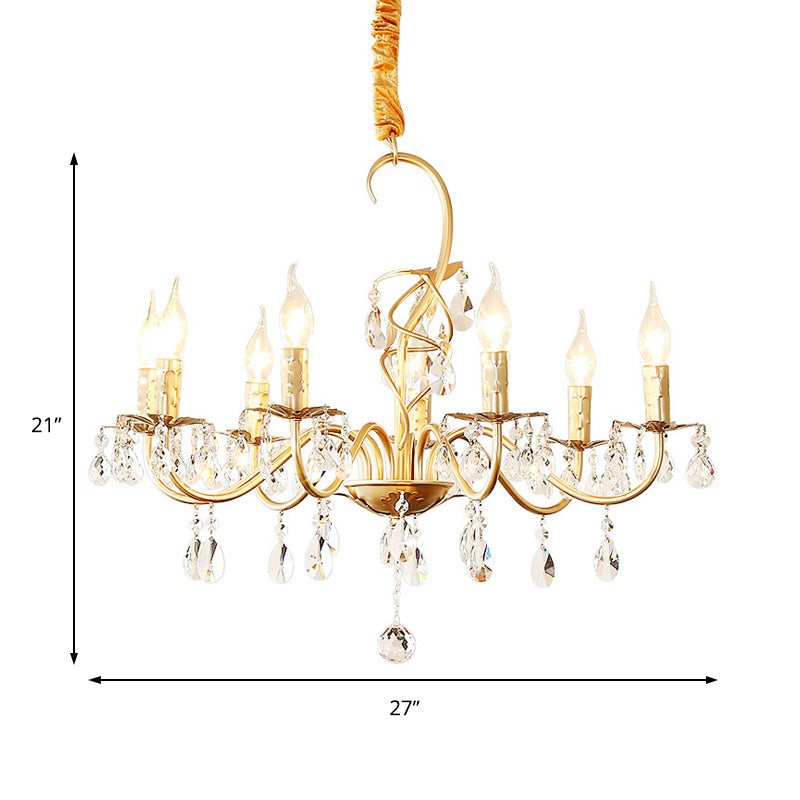 Modern Gold Finish 5/8-Light Metallic Chandelier Lamp with Crystal Deco and Curved Arm