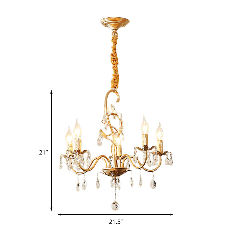 Modern Gold Finish 5/8-Light Metallic Chandelier Lamp with Crystal Deco and Curved Arm