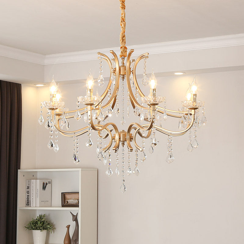 Lustre suspendu moderne en métal sans flamme avec perles de cristal en or - Lampe suspendue à 6/8 têtes