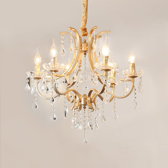 Modern Metal Flameless Candle Pendant Chandelier With Crystal Bead - Gold 6/8 Heads