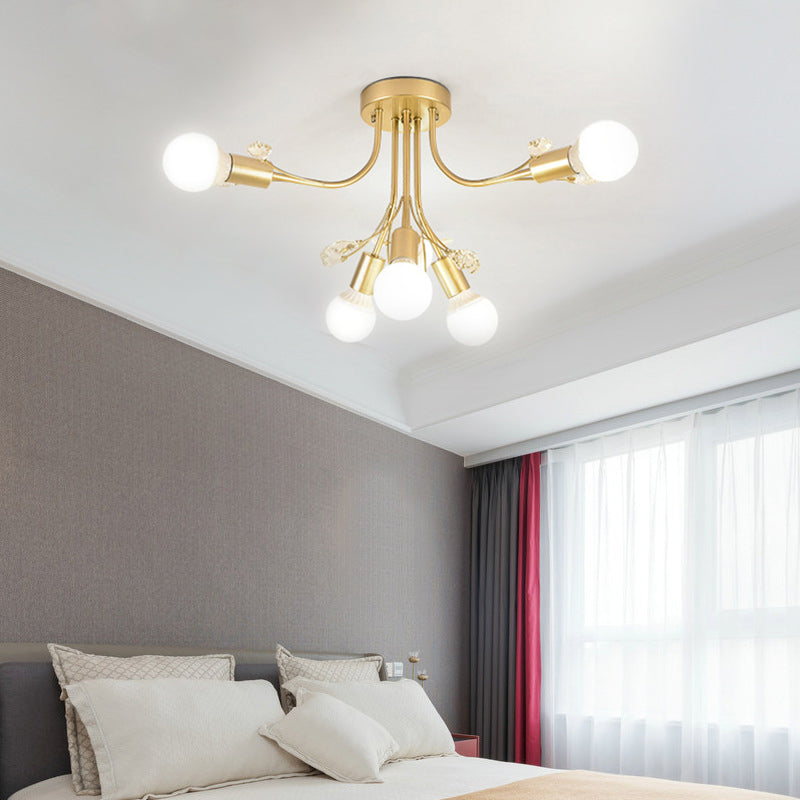 Black/White/Gold Metal Curved Arms Semi Flush Mount Light - Nordic Style 6/9 Lights Bedroom Ceiling