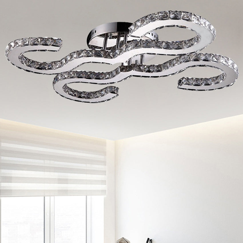 Modern Curved Ceiling Crystal And Metal Sconce Light In Chrome For Bedroom - Warm/White/3 Color