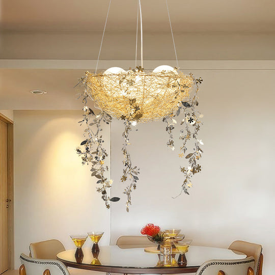 Nest Metal Chandelier Art Deco Ceiling Light With 4 Silver/Gold Lights And Milk Glass Globe Shade