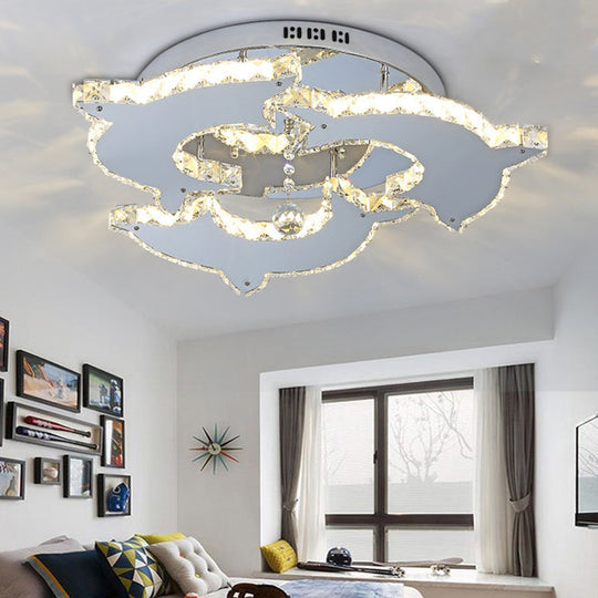 Contemporary Dolphin Semi Flush Mount Ceiling Light with Crystal and Metal Accents - 2/3 Heads in Nickel