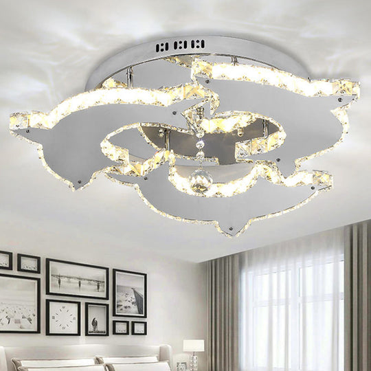 Contemporary Dolphin Semi Flush Mount Ceiling Light with Crystal and Metal Accents - 2/3 Heads in Nickel