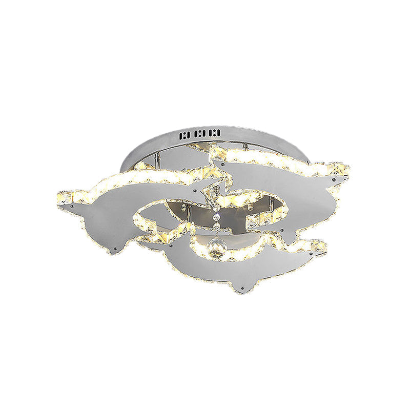 Contemporary Dolphin Semi Flush Mount Ceiling Light with Crystal and Metal Accents - 2/3 Heads in Nickel