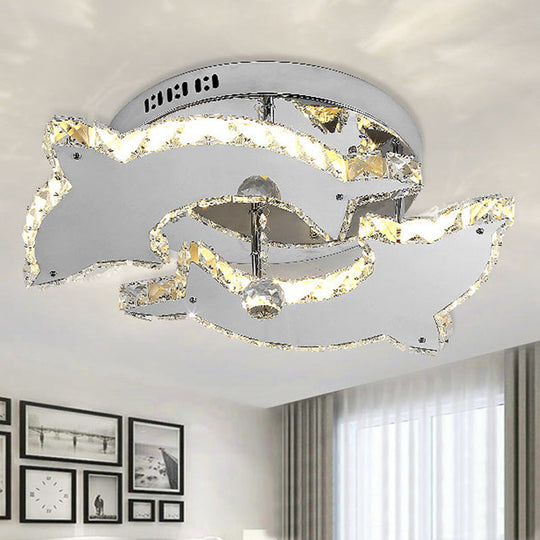 Contemporary Dolphin Semi Flush Mount Ceiling Light with Crystal and Metal Accents - 2/3 Heads in Nickel