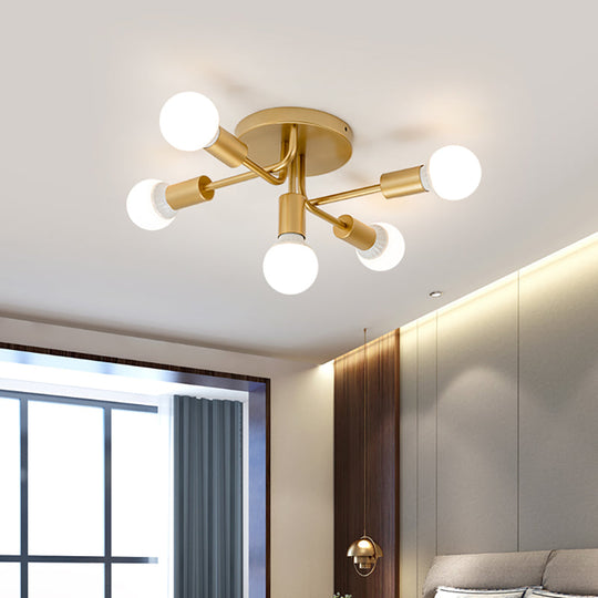 Sleek Curved Arm Semi Flush Mount Ceiling Light with 5 Metal Lights in Black/Gold