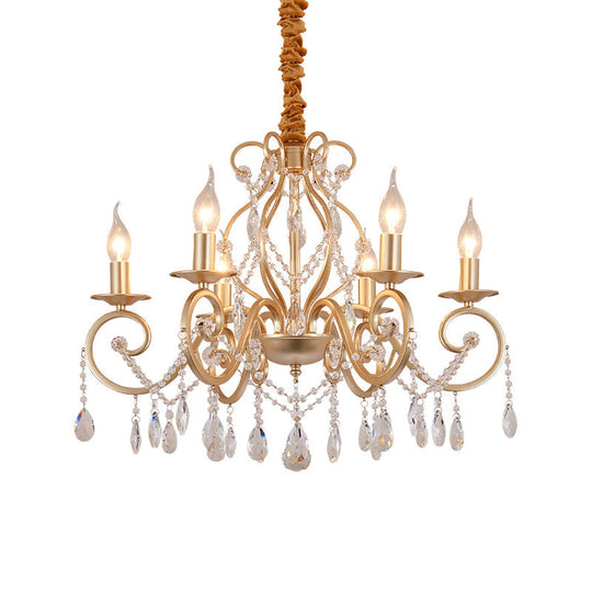 French Country Candle Chandelier Metal Pendant Light With Crystal Bead Accents In Gold 3/6/8 Lights