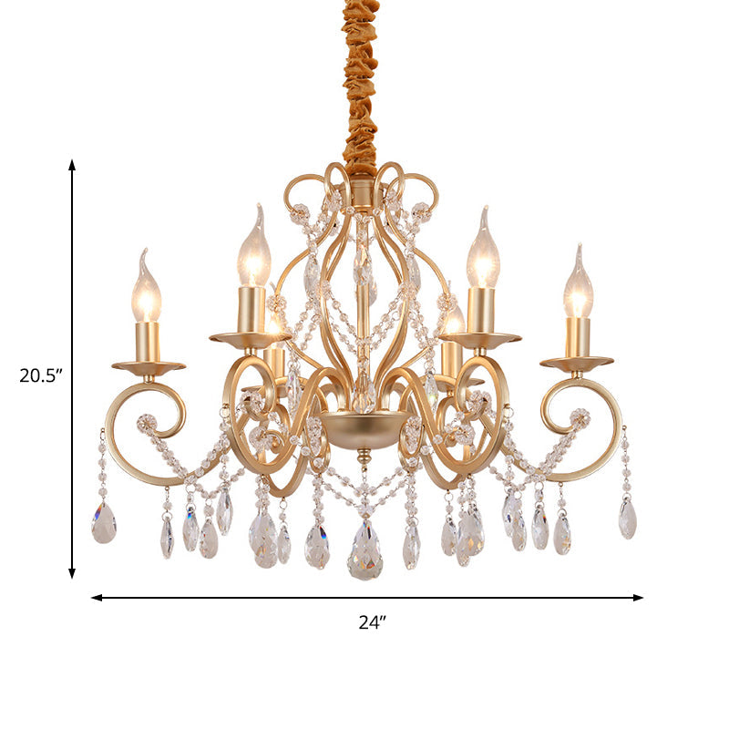 French Country Candle Chandelier Metal Pendant Light With Crystal Bead Accents In Gold 3/6/8 Lights