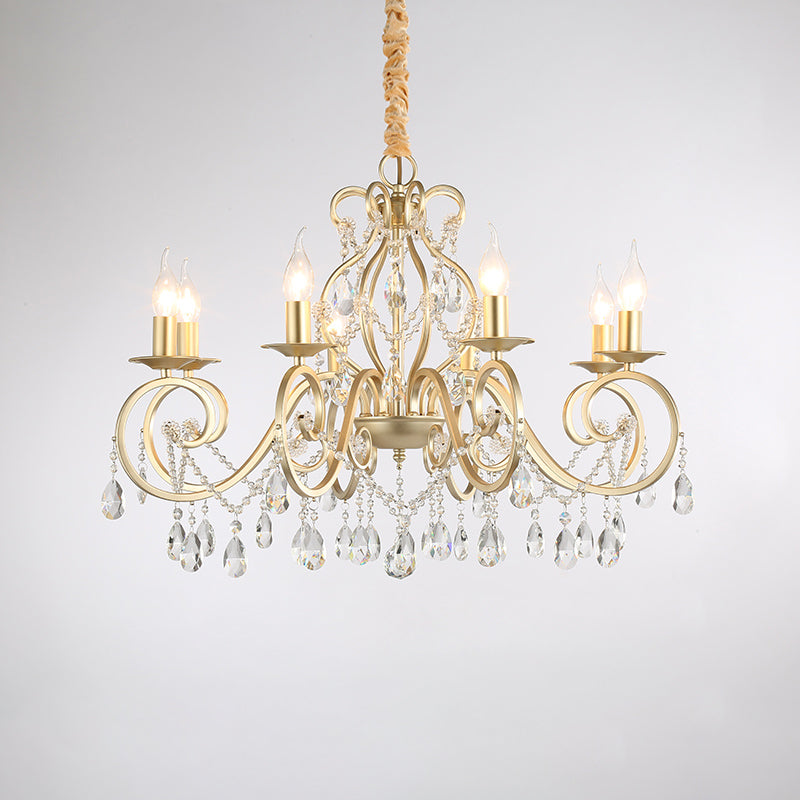 French Country Candle Chandelier Metal Pendant Light With Crystal Bead Accents In Gold 3/6/8 Lights