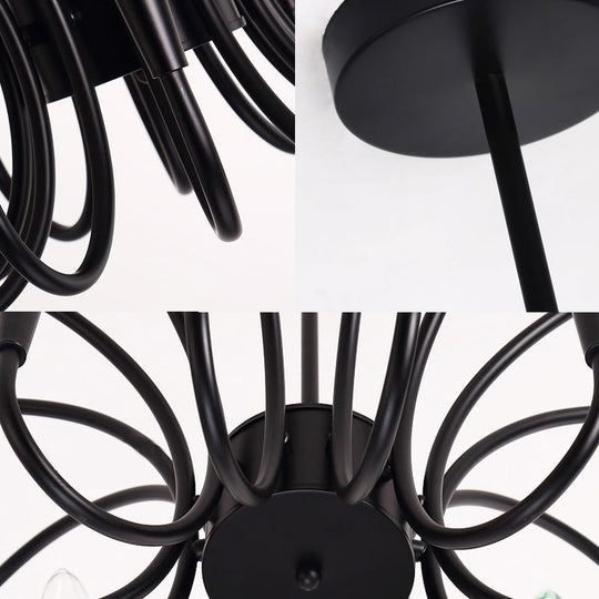 Modern Abstract Metal Chandelier: Multi-Light Black Pendant Lamp With Curved Arm And Exposed Bulbs