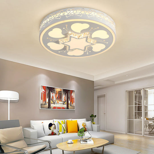 Modern Brown/White Circle Flush Ceiling Light with LED, Acrylic & Crystal in White - 3 Color Lighting for Bedroom