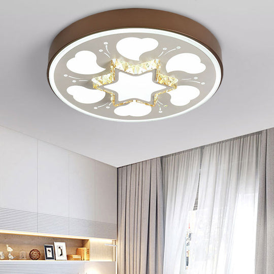 Modern Brown/White Circle Flush Ceiling Light with LED, Acrylic & Crystal in White - 3 Color Lighting for Bedroom