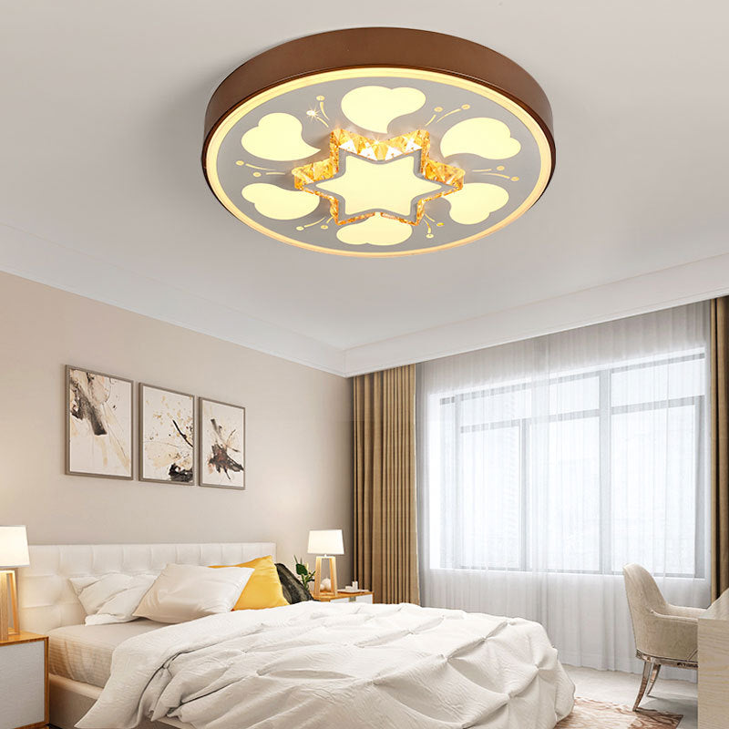 Modern Brown/White Circle Flush Ceiling Light with LED, Acrylic & Crystal in White - 3 Color Lighting for Bedroom