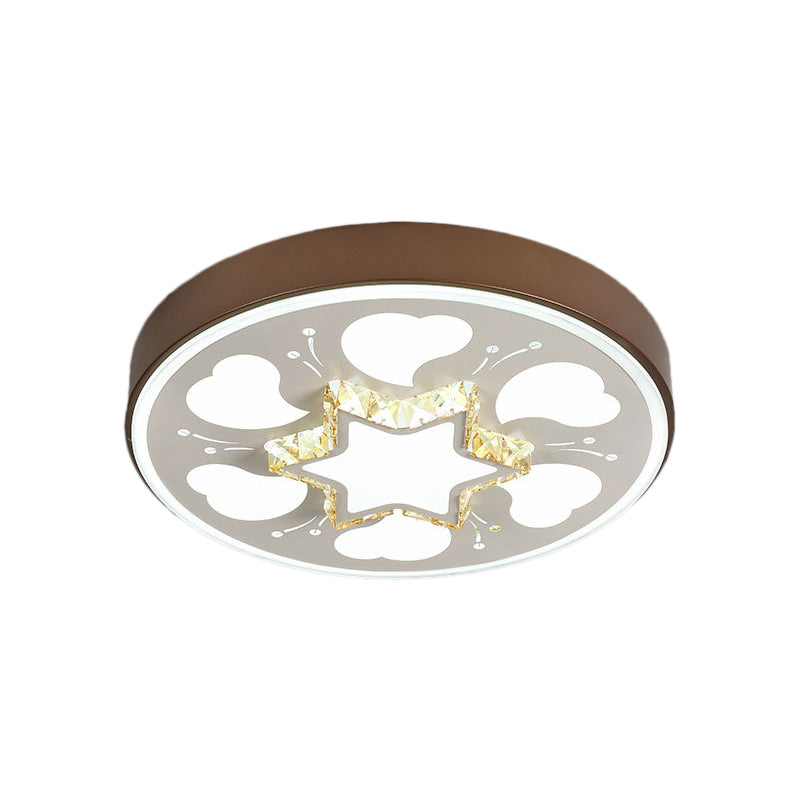 Modern Brown/White Circle Flush Ceiling Light with LED, Acrylic & Crystal in White - 3 Color Lighting for Bedroom