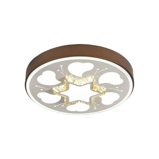 Modern Brown/White Circle Flush Ceiling Light with LED, Acrylic & Crystal in White - 3 Color Lighting for Bedroom