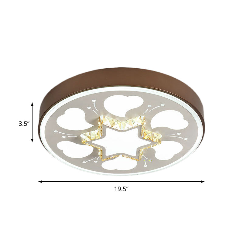 Modern Brown/White Circle Flush Ceiling Light with LED, Acrylic & Crystal in White - 3 Color Lighting for Bedroom