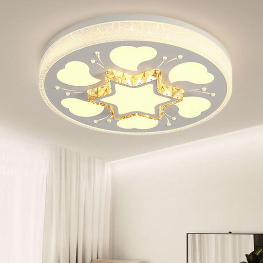 Modern Brown/White Circle Flush Ceiling Light with LED, Acrylic & Crystal in White - 3 Color Lighting for Bedroom