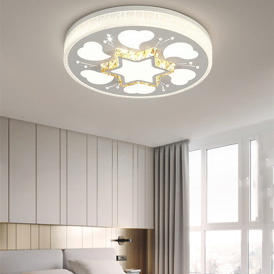 Modern Brown/White Circle Flush Ceiling Light with LED, Acrylic & Crystal in White - 3 Color Lighting for Bedroom