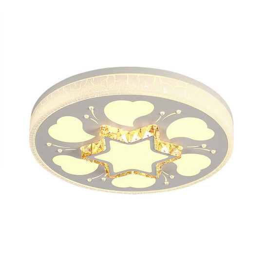 Modern Brown/White Circle Flush Ceiling Light with LED, Acrylic & Crystal in White - 3 Color Lighting for Bedroom