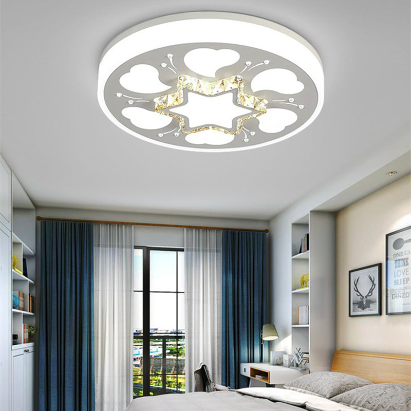 Modern Brown/White Circle Flush Ceiling Light With Led Acrylic & Crystal In White - 3 Color Lighting