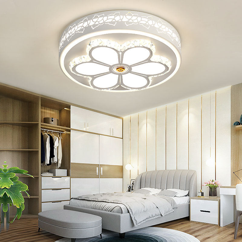 Modern Crystal and Acrylic Flush Ceiling Light with Flower Pattern, White/3 Color LED, Brown/White