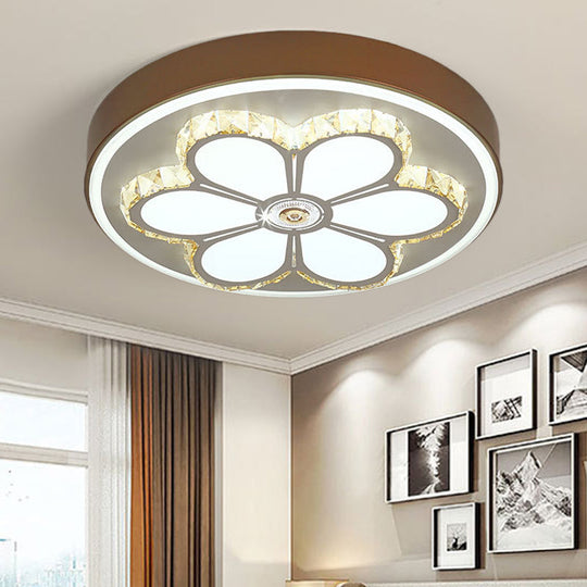 Modern Crystal and Acrylic Flush Ceiling Light with Flower Pattern, White/3 Color LED, Brown/White