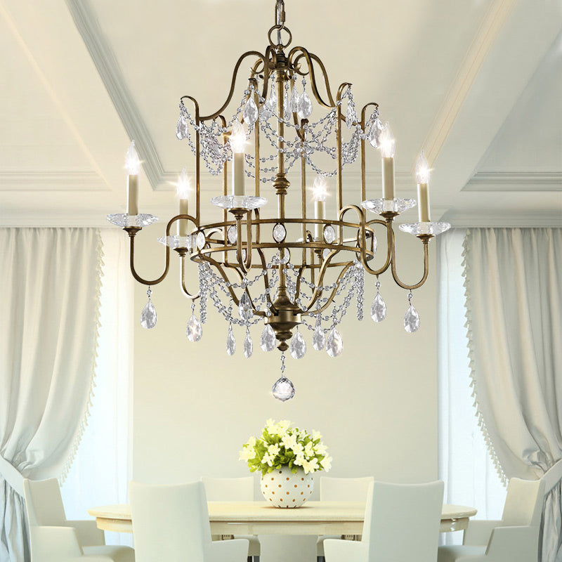 Modern 4/6-Heads Brass Pendant Light Fixture With Crystal Bead - Elegant Metallic Candle Chandelier