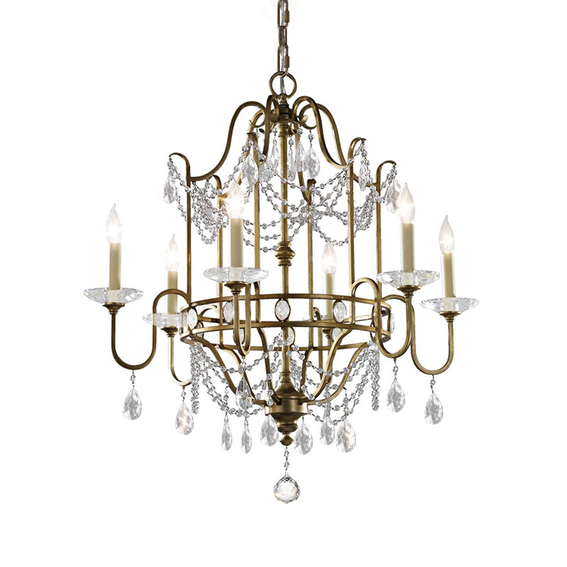 Modern 4/6-Heads Brass Pendant Light Fixture With Crystal Bead - Elegant Metallic Candle Chandelier