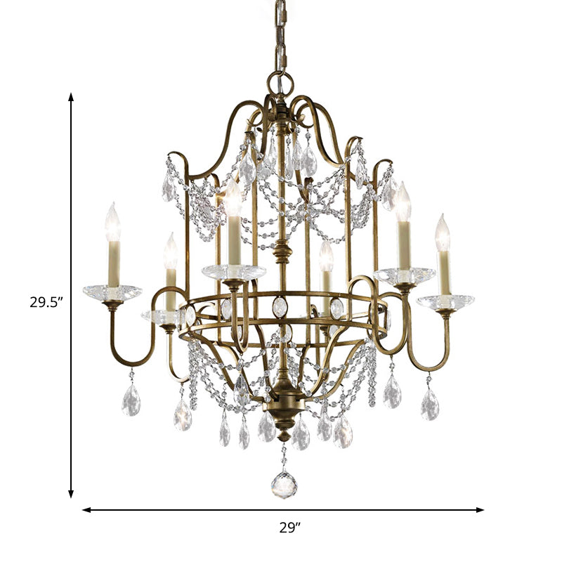 Modern 4/6-Heads Brass Pendant Light Fixture With Crystal Bead - Elegant Metallic Candle Chandelier