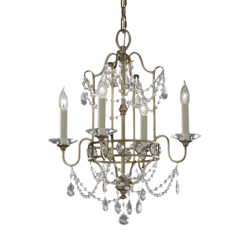 Modern 4/6-Heads Brass Pendant Light Fixture With Crystal Bead - Elegant Metallic Candle Chandelier