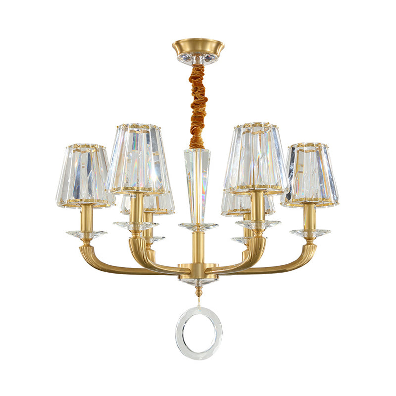 Modern Brass Pendant Light Fixture With Clear Crystal Cone Shade - 6 Chandelier For Bedroom