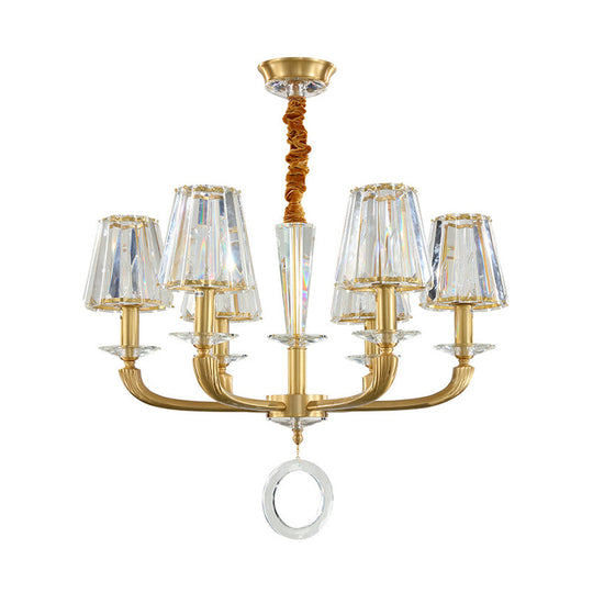 Modern Brass Pendant Light Fixture With Clear Crystal Cone Shade - 6 Chandelier For Bedroom